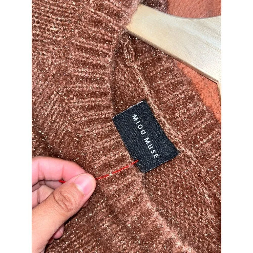 MIOU MUSE Womens Glitter Knit Crop Sweater  Size Large Broqn